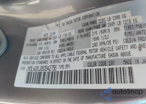 2005 Mazda Mpv Lx z USA, uszkodzony, nr VIN JM3LW28J850542756